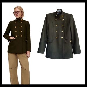 ZARA X MANTECO Italian Wool Army Green Double Breasted Pea Coat XL Blogger Favor